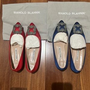 2 pairs of Manolo Blahnik Hangisi Flats in Red Satin and Royal Blue Satin.